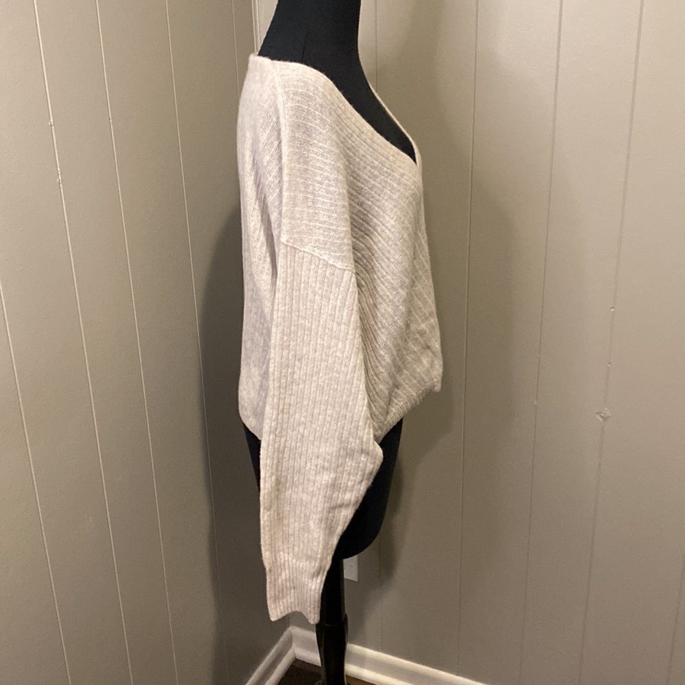 Free People Small Knit Heather Grey Oversized Sweater Wide V Neck - Picture 3 of 6
